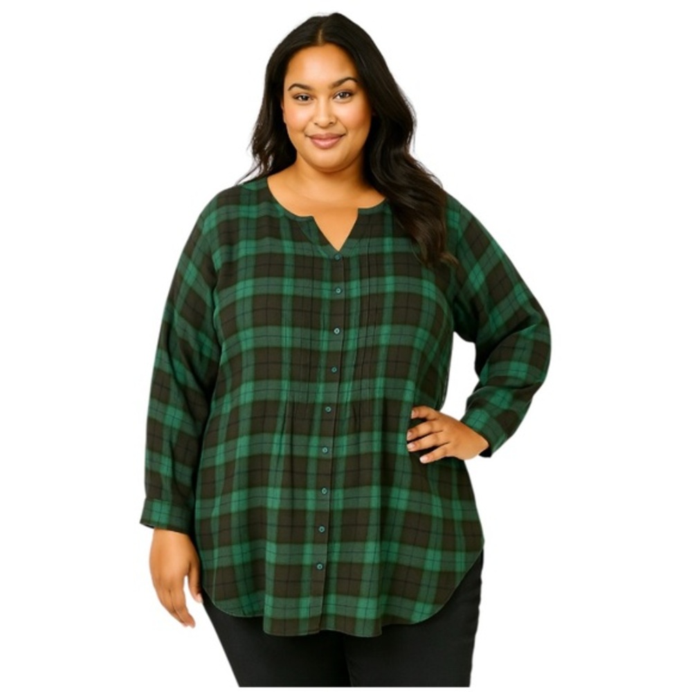 Woman Within Plaid Top Green & Black Olo Top Pintuck Flare Plus Size 5x